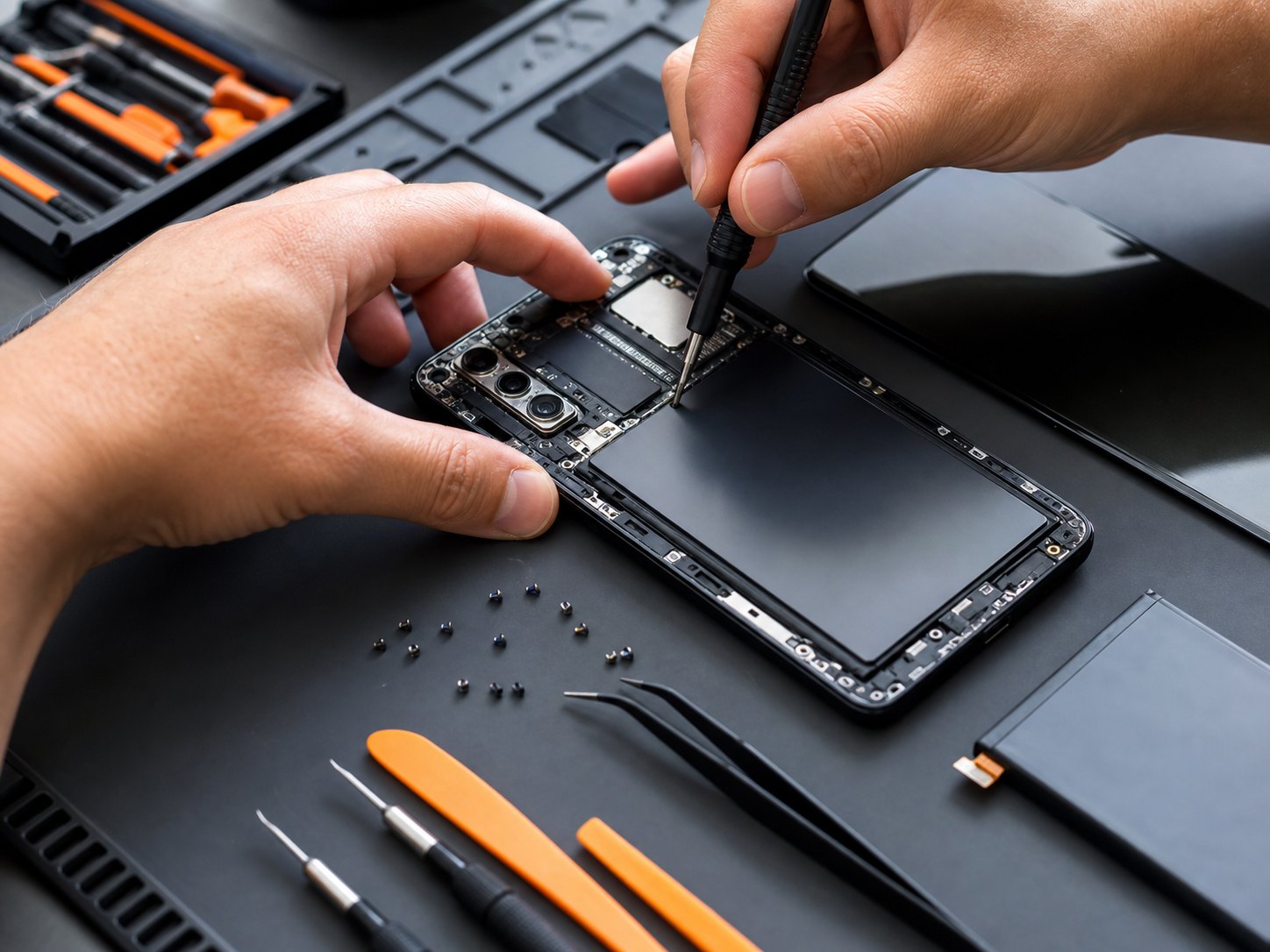 Smartphone disassembly on an antistatic mat