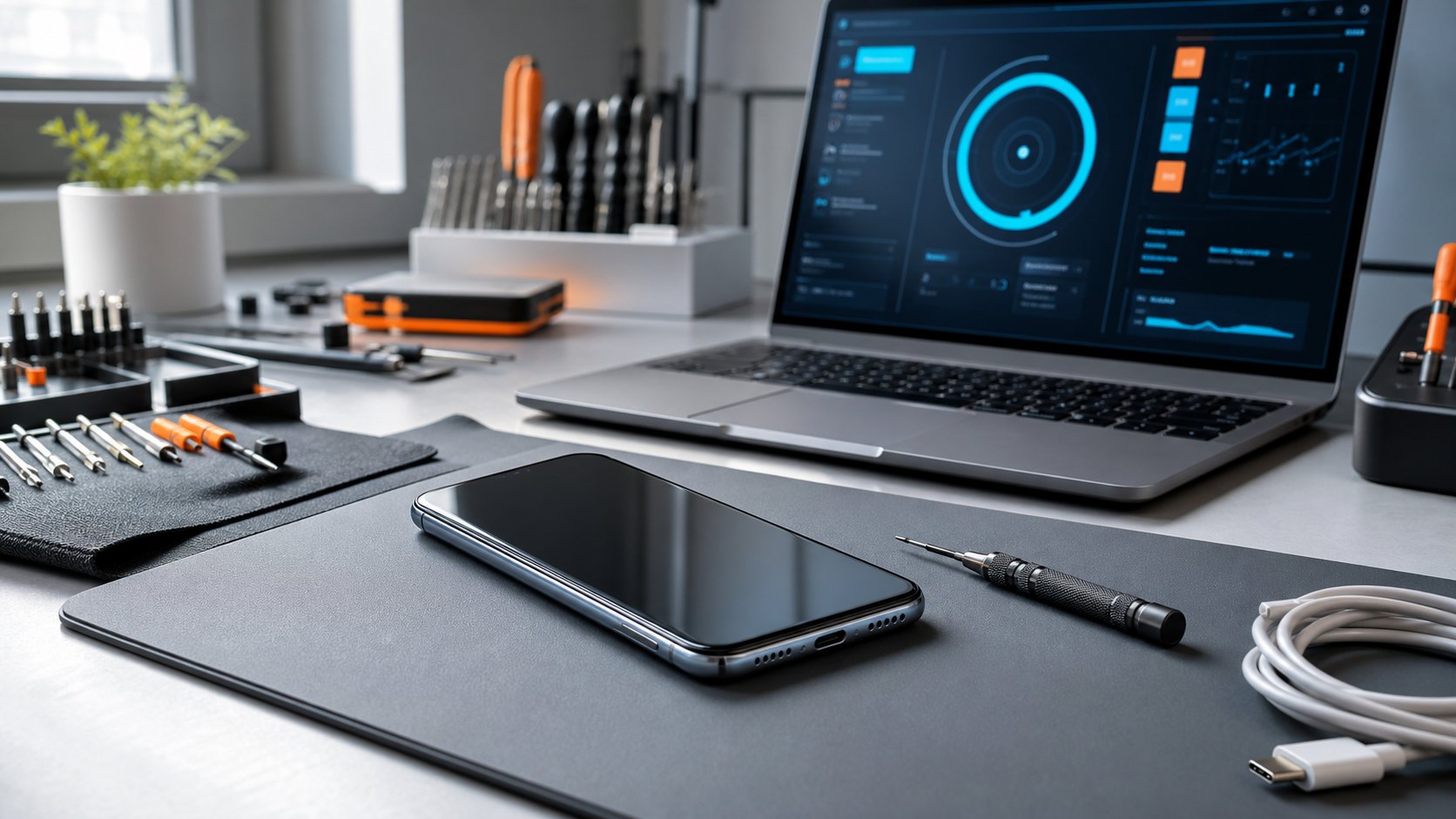 Xiaomi smartphone on a technician workbench with diagnostics